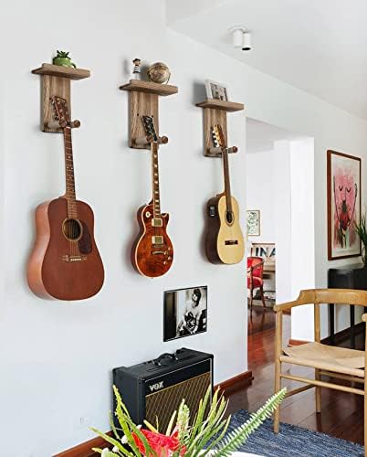 Keebofly 3-Pack Guitar Wall Mount Hangers - Rustic Wood Brown Guitar Stand with Pick Holder - Acoustic, Electric, Ukulele, Bass & Mandolin [Patented]