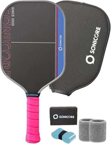 SONICORE Pickleball Paddle Set Bundle, T700 Carbon Fiber 16mm Core, 1 Paddle, Cover, Wristbands, Grip Tape, Eraser, 4 Premium Balls | Vibe Pink