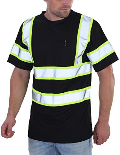 sesafety High Visibility Shirts for Mens Class 3 Hi Vis Reflective Construction Shirts for Men with Pocket Safety T Shirts for Men Work Shirt for Mens Short Sleeve Black Yellow Strips