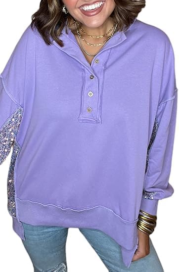 Chvity Sweatshirts for Women Sequin Patchwork High Low Hem Henley Oversize Soft Casual 2025 Fall Sweatshirt