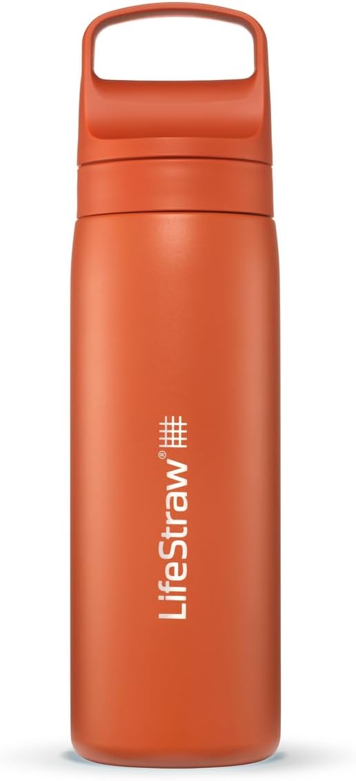 LifeStraw Go Series — Insulated Stainless Steel Water Filter Bottle, 18oz, Kyoto Orange, Removes Bacteria, Parasites, Microplastics, Improves Taste