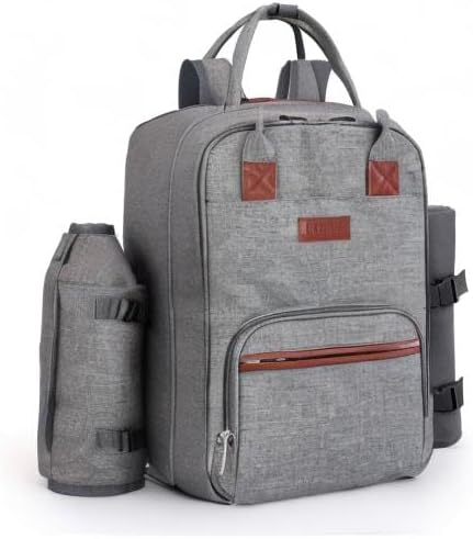 ALLCAMP OUTDOOR GEAR Picnic Backpack for 4 Person W/ Detachable Wine Holder, Insulated Food Compartment and Picnic Cutlery for Family Outdoor Camping and Gift (Grey)