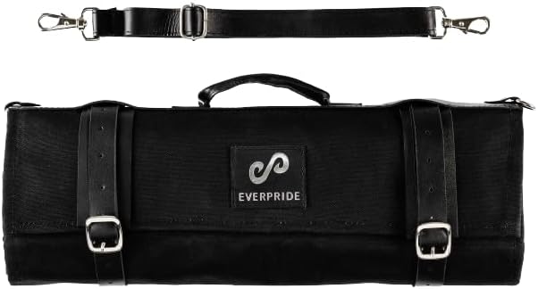EVERPRIDE Waxed Canvas and Genuine Leather Trim Chef Knife Roll Bag Holds 12 Knives and Cooking Tools – Durable, Large Knife Case – Elegant Chef Bag for Professional Cooks and Students