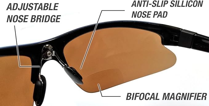 Renegade Patented Bifocal Polarized Reader Half Rim Men's Fishing Sunglasses 100% UV Protection with Microfiber Bag (Glossy Black Frame, Brown Lens - 600901, Bifocal +1.50)