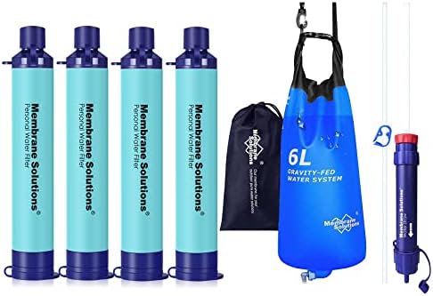 Membrane Solutions Upgrade 5 Stage Water Filter Straw 4 Pack and Gravity Water Filter Pro 6L, 0.1-Micron Versatile Water Purifier Survival Gear and Equipment for Group Camping Emergency