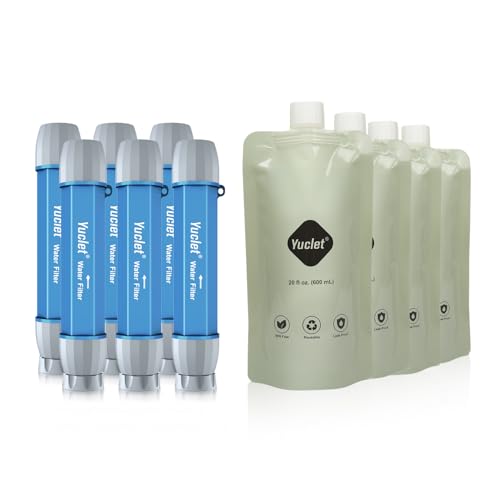 Yuclet Squeeze Water Filtration System for Hiking, Camping, Travel, and Emergency Preparedness (6 Water Filter Straw, 4 Squeezable 20-Oz Water Pouch)