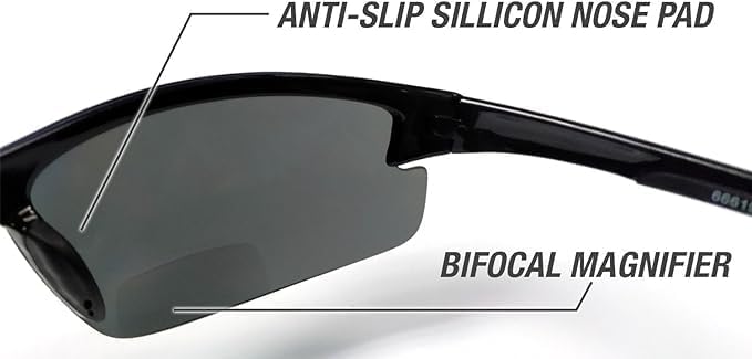 Renegade Patented Bifocal Polarized Reader Half Rim Men's Fishing Sunglasses 100% UV Protection with Microfiber Bag (Black Frame, Grey Lens - 613649, Bifocal +2.50)