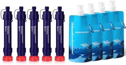 Membrane Solutions S2 Detachable Water Filter Straw (Pack of 5) with 23oz Collapsible Squeezable Water Pouch (Set of 4)