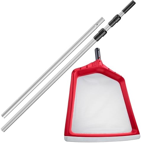 Pool Leaf Skimmer Net for Cleaning with 15 Feet Aluminum Telescopic Pool Pole Swimming Pool Leaf Net - Heavy Duty, Reinforced Frame, Large Capacity Pool Rake // The Ultimate