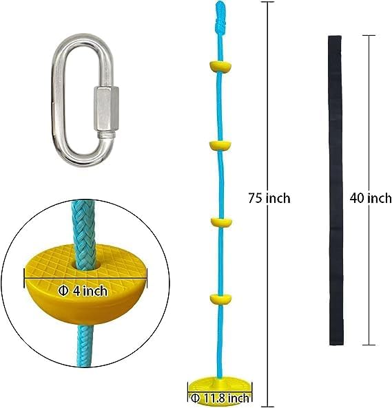 Climbing Rope with Platforms Tree Swing for Kids Disc Swing Seat Set Outdoor Backyard Playground Accessories Including Bonus Hanging Strap & Carabiner