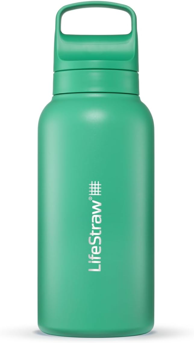LifeStraw Go Series — Insulated Stainless Steel Water Filter Bottle for Travel and Everyday Use removes Bacteria, Parasites and Microplastics, Improves Taste, 1L, Cactus Green