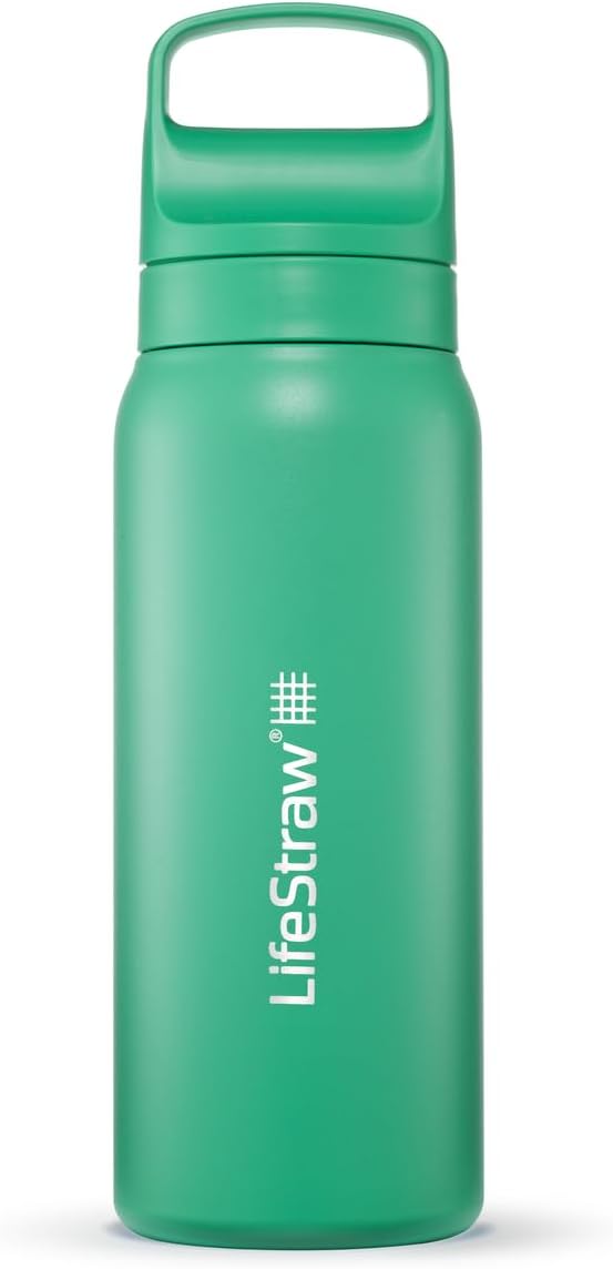 LifeStraw Go Series — Insulated Stainless Steel Water Filter Bottle for Travel and Everyday Use Removes Bacteria, Parasites and Microplastics, Improves Taste, 24 oz, Cactus Green