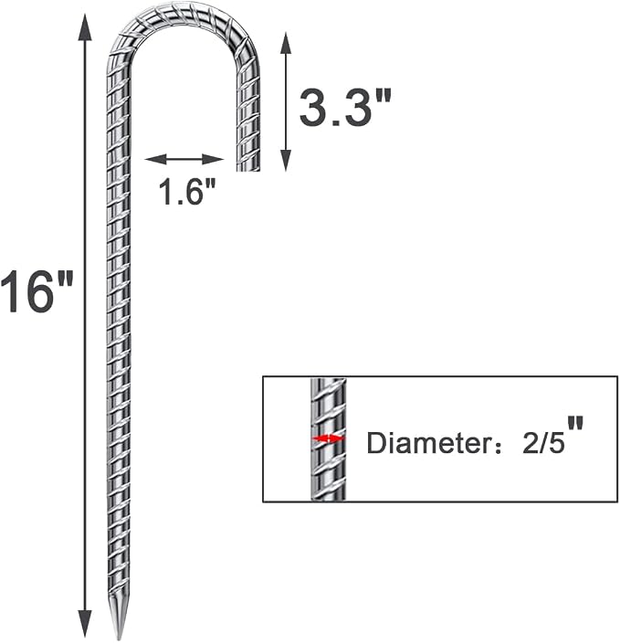 Rebar Stakes 16 Inch 17 Pack Tent Spikes Heavy Duty Metal J Hook, Fence Stakes for Trampoline, Fence, Camping Tent (17, J-16 x2/5")