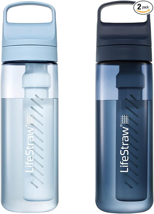 LifeStraw Go Series — Water Filter Bottle 2-Pack for Travel and Everyday Use Removes Bacteria, Parasites and Microplastics, Improves Taste, 22 oz 2-Pack, Icelandic Blue and Aegean Sea