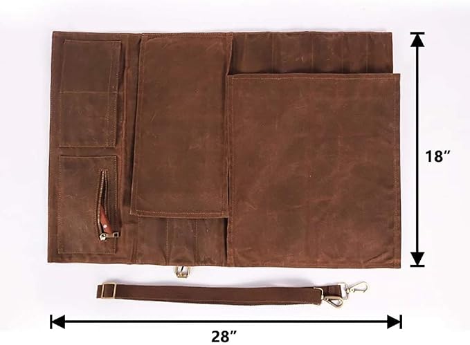 Large Chef’s Knife Roll Bag,Heavy Duty Waxed Canvas Knife Carrier,11 Pockets Kitchen Cooking Tools Storage Case, Easily Carried By Shoulder Strap ForProfessional Chefs,Culinary School Students