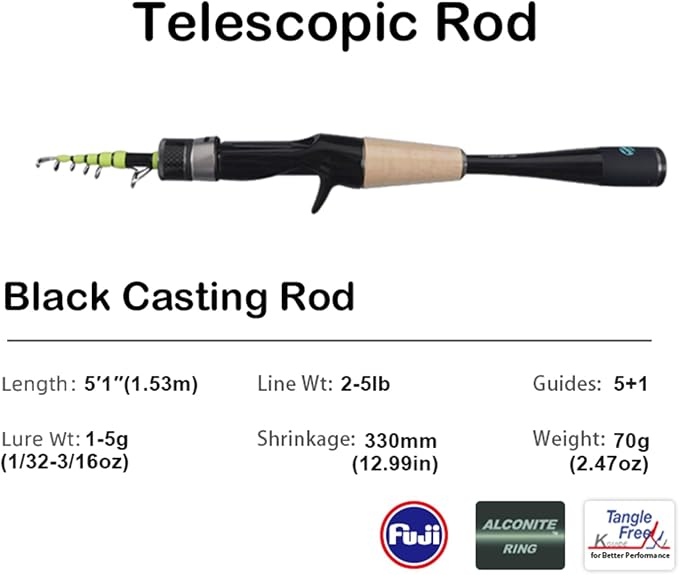 PURELURE Telescopic Fishing Rod Ultralight/Light, Portable Travel Rod 5'9'' | Carbon Fiber Rod Spinning & Casting, FUJI Alconite Ring and Reel Seat, One-Piece Mixed Carbon/4A Cork Handle, Spare Solid Tip