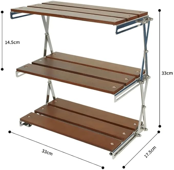 Folding Camping Shelf, 3-Tier Portable Outdoor Storage Rack, Aluminum Frame & Wood Tabletop, Collapsible Organizer for Picnic, BBQ, Backyard, Camp Table Side Accessories