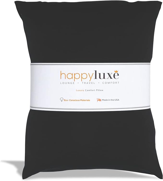 Happyluxe Odyssey Travel Pillow for Long Flights - Soft, Small, Alternative to Down and Memory Foam. 17 x 13in - Made in the USA, Jet Black Airplane Pillow for Adults Sleeping, Camping or Nap