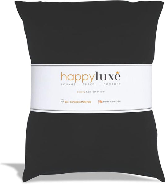 Happyluxe Odyssey Travel Pillow for Long Flights - Soft, Small, Alternative to Down and Memory Foam. 17 x 13in - Made in the USA, Jet Black Airplane Pillow for Adults Sleeping, Camping or Nap
