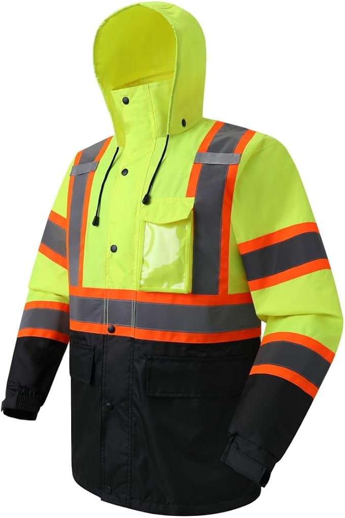 JKSafety Hi-Vis Reflective Safety Rain Jacket for Men Women Waterproof Rain Gears for Farming Fishing Work HV Rain Jacket with Inner Mesh Lining and Pockets (117A-YBlk XL)