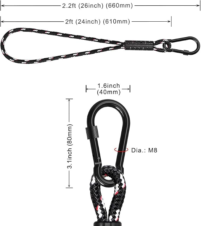 SELEWARE Hammock Straps, 2ft Tree Swing Rope for Hammock Chair Hanging Kit, Extension Rope with Carabiner for Indoor Outdoor Playground Tree Swings Camping Hammock Accessories (Black, 2 Pack)