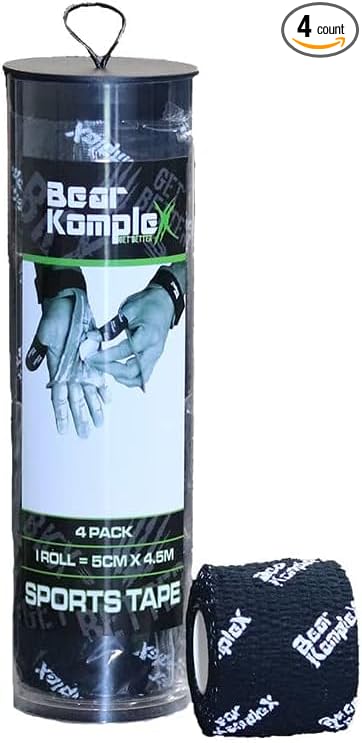 Bear Komplex Athletic Sports Tape, 4 or 12 Pack of Premium Adhesive Wrap, 5 cm Tape, Sweatproof, Breathable, and Non-Slip for Lifting, and Hook Grip, Hypoallergenic and Latex Free