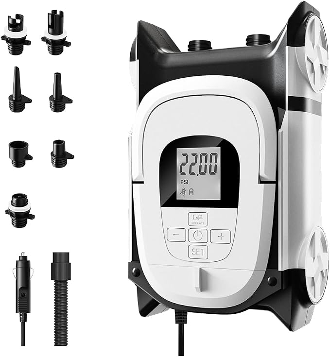 22PSI Electric SUP Pump, 12V DC Car Powered Paddle Board Pump with Accurate LCD Gauge & Reliable Auto-Off, Dual Stage Inflation for Paddleboards, Boats, Kayaks, Air Mattresses & Inflatables