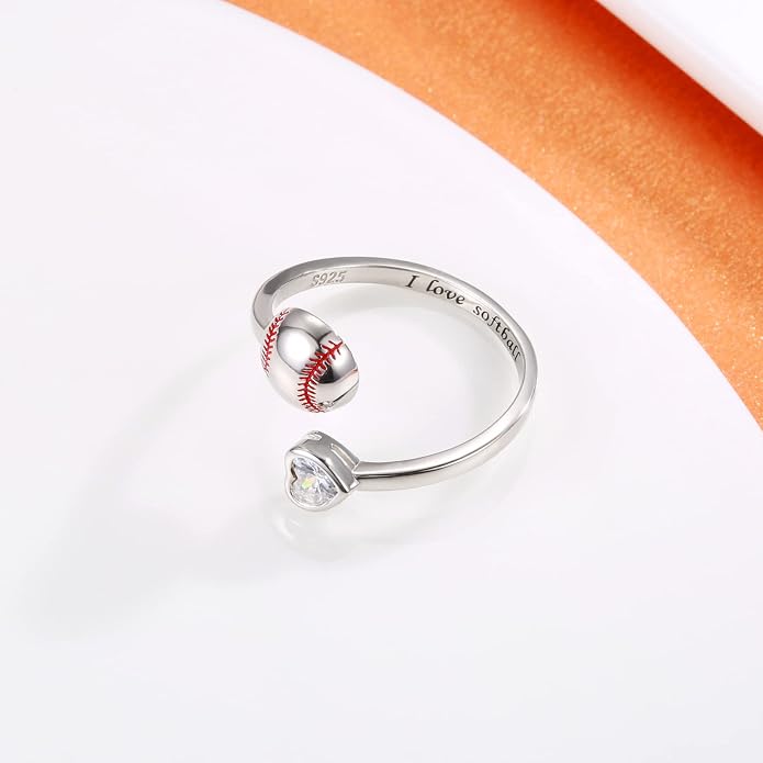 925 Sterling Silver Basketball Softball Baseball Football Tennis Racket Ring Adjustable Sports Jewelry Gifts for Women Player Mom