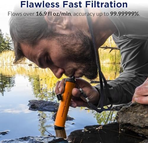 Membrane Solutions Pro 6L Camo Gravity Water Filter with 4 Extra S1 Orange Water Filter Straws, Survival Filtration Portable Gear, Emergency Preparedness, Supply for Hiking Camping Team Family