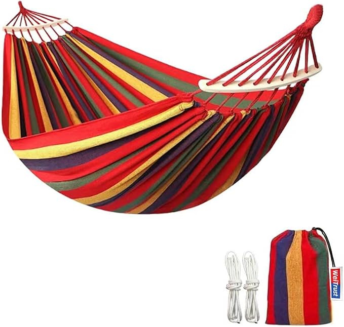 Cotton Canvas Hammock, Comfortable Fabric Camping Hammock with Tree Straps, Up to 440lbs with Travel Bag for Camping Outdoor/Indoor Patio Backyard(Red, with bar)