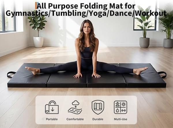 Gymnastics Mat, 6x2/3Ft 2-Inch Thick 4-Fold Exercise Floor Mat for Home Gym, Portable Yoga Mat for Pilates, Aerobics, Martial Arts & Training