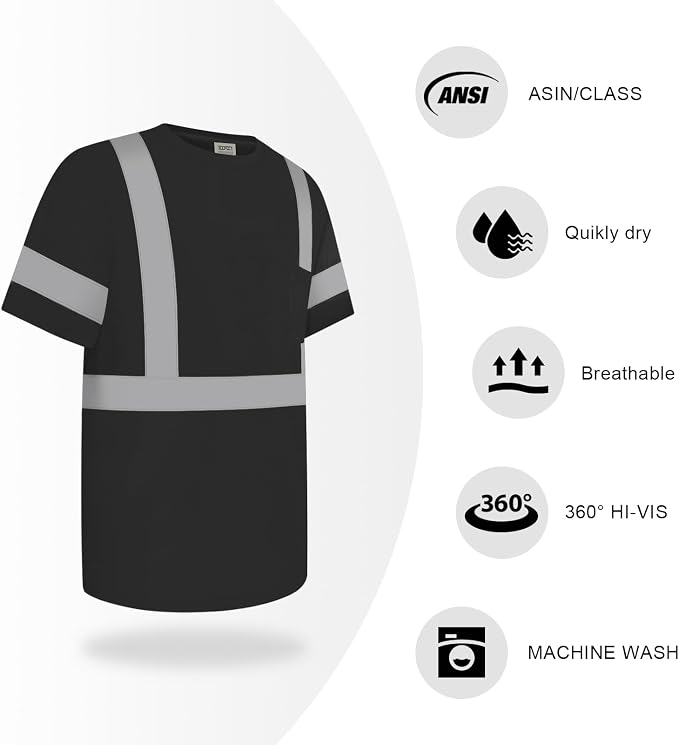 TCCFCCT Hi Vis Shirts for Men Class 2 High Visibility Shirt with Short Sleeves, Reflective Safety Shirts for Men, Construction Work Shirts for Men, Durable &Breathable, DC-Black XL 3PCS