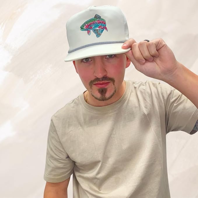 Trout Hat for Men - Dri-Fit Snapback Fishing Cap with Embroidered Rainbow Trout - Performance Laser Back Hat