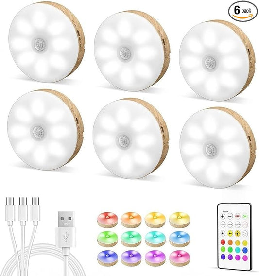 EZVALO Under Cabinet Lighting, 1000mAh Rechargeable Puck Lights with Remote, 3 Color Temps & 12 RGB Motion Sensor Closet Lights Indoor, Dimmable Under Counter Lights for Kitchen (Wood Grain, 6 Packs)