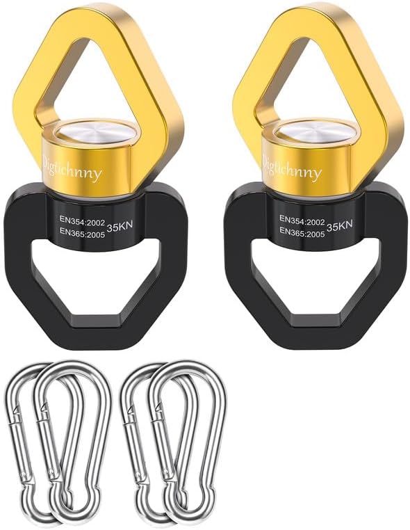 2 Pack Swing Swivel Heavy Duty, Aluminium Alloy 35KN Tree Swing Swivel Spinner for Children's Swing,Aerial Yoga,Web Tree Swing,Hanging Hammock Indoor Outdoor(Black-Gold with 4 Carabiners)