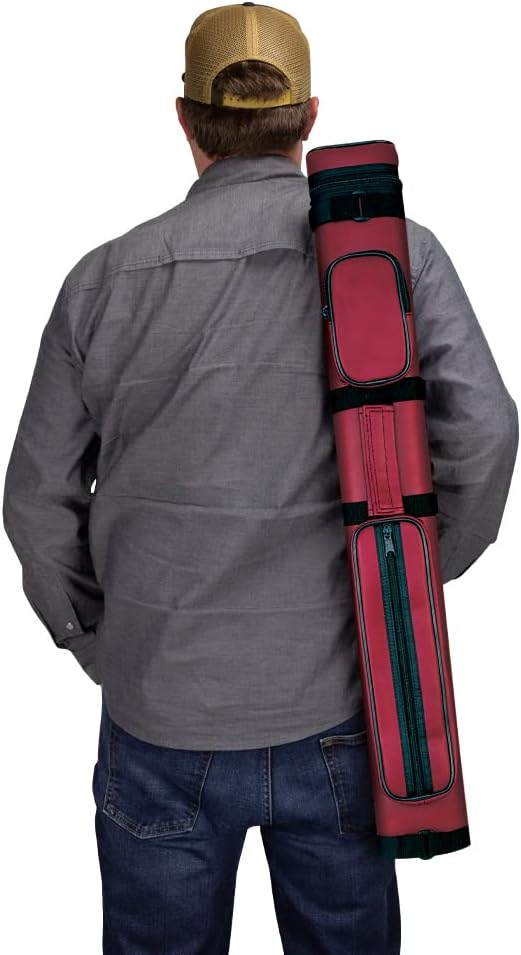 Action 34" Long Pool Cue Hard Carrying Case - Holds 2 Butts & 2 Shafts, Separate Molded Tubes, Large Zippered Accessory Pockets, Adjustable 1" Vinyl Carrying Strap, Fits up to 32" Shaft or Butt