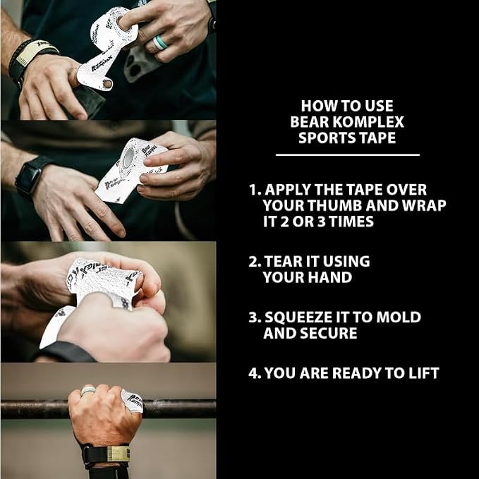 Bear Komplex Athletic Sports Tape, 4 or 12 Pack of Premium Adhesive Wrap, 5 cm Tape, Sweatproof, Breathable, and Non-Slip for Lifting, and Hook Grip, Hypoallergenic and Latex Free