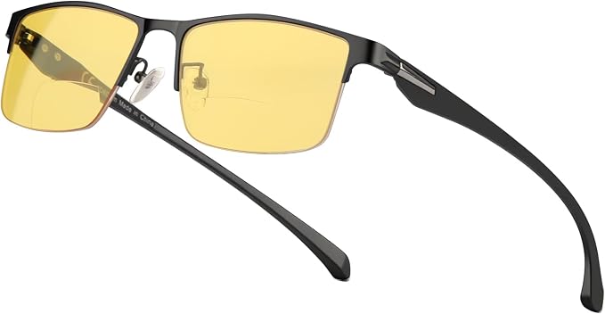 SKYOAK Premium Night Vision Bifocal Reading Glasses Men, Lightweight TR90 Temple Metal Half Frame Anti Glare Nighttime Driving Glasses HD Yellow lens Outdoor Readers, +2.0x