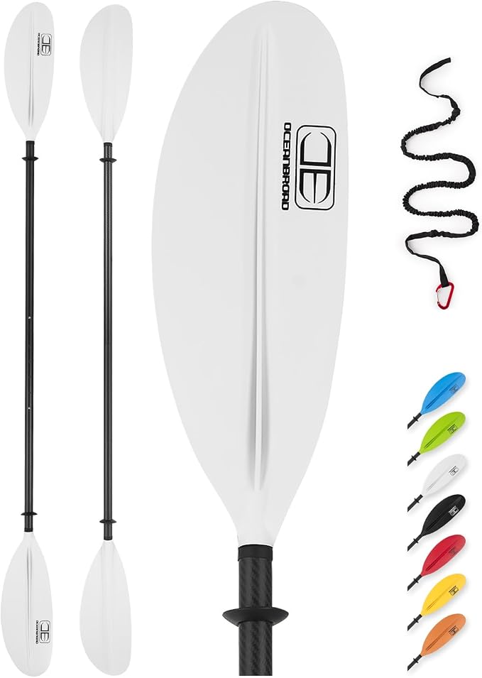 OCEANBROAD Adjustable Carbon Fiber Kayak Paddle 86in/220cm to 94in/240cm Kayaking Oar for Adults with Paddle Leash 1 Paddle