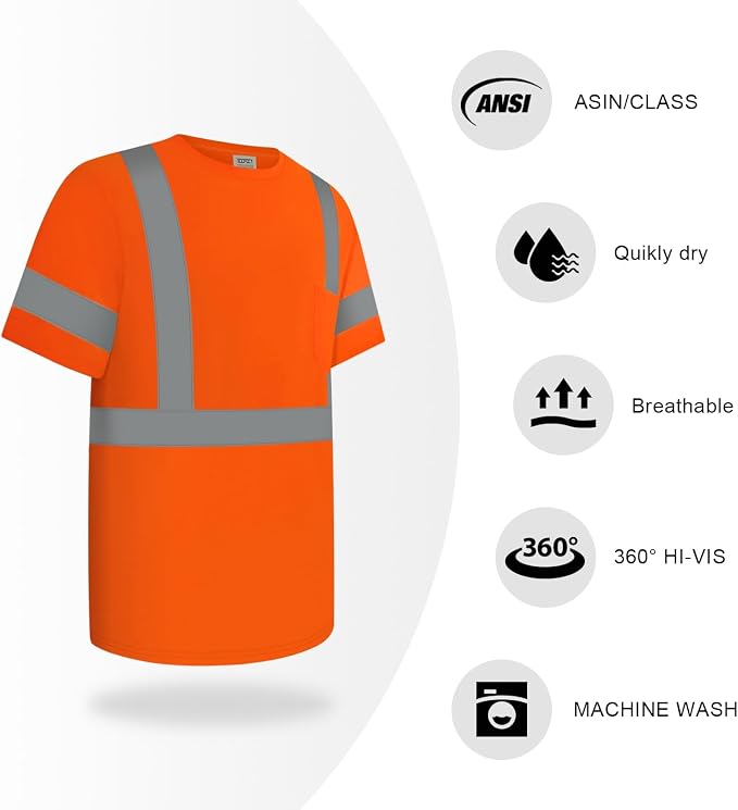 TCCFCCT Hi-Vis Shirts for Men - Class 2 High Visibility Short Sleeve Construction Work Shirts with Reflective Strips - Breathable, Durable - DC-Orange XXL