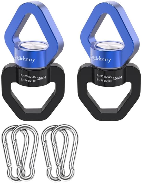 2 Pack Swing Swivel, 35KN Aluminium Alloy Swivel Hook for Swing, Swing Spinner for Children's Swing,Aerial Yoga,Web Tree Swing,Hanging Hammock Indoor Outdoor(Black-Blue with 4 Carabiners)