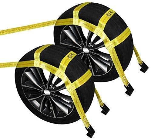 Tow Dolly Basket Straps with Flat Hooks (2 Pack) Yellow Car Wheel Straps Universal Vehicle Tow Dolly Strap System Fits 15"-19" Tires Wheels 10000 lbs Working Capacity