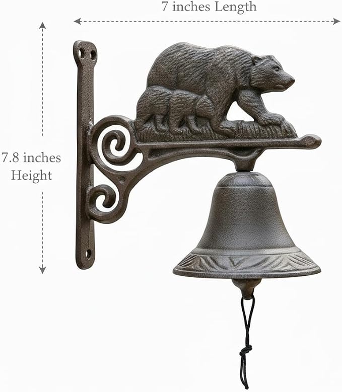 Comfy Hour 7.8" Heavy Duty Cast Iron Bear Dinner Bell, Loud Resonant Wall Mounted Outdoor Doorbell for Farmhouse, Garden & Cabin, Decorative Wildlife Metal Bell for Porch, Antique Black Finish