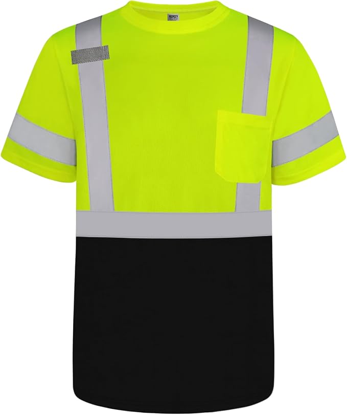 TCCFCCT High Visibility Shirt for Men Class 3 Hi Vis Reflective Safety Construction Shirts for Men Women, Short Sleeve Work Shirts with Black Bottom, Meet ANSI, Durable & Breathable, DP-Yellow L