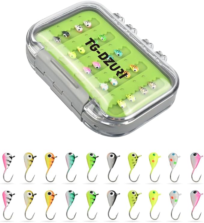 Tungsten Ice Fishing Jigs Kit, 3.2/4/5mm Glow in Dark Tear Drop Ice Fishing Lure Jigs with Waterproof Two-Sided Jig Box Assortment 20/24/30