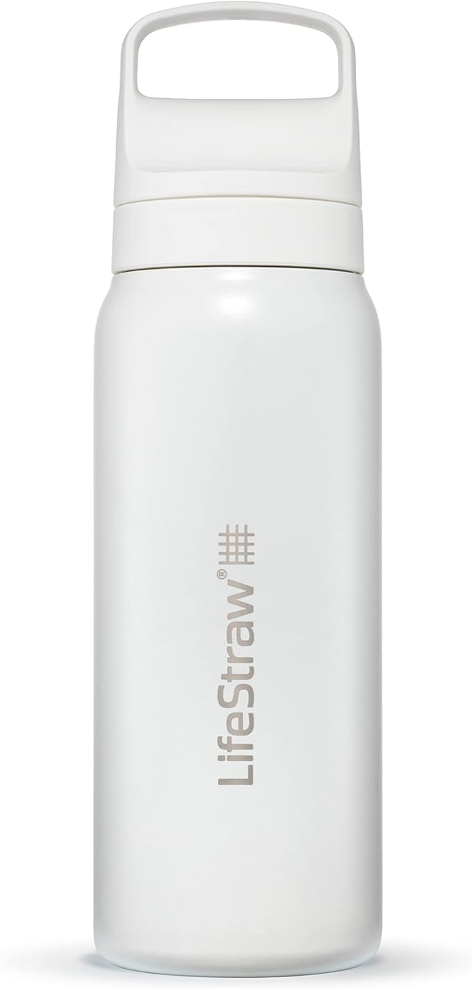 LifeStraw Go Series — Insulated Stainless Steel Water Filter Bottle for Travel and Everyday Use Removes Bacteria, Parasites and Microplastics, Improves Taste, 24 oz, Polar White