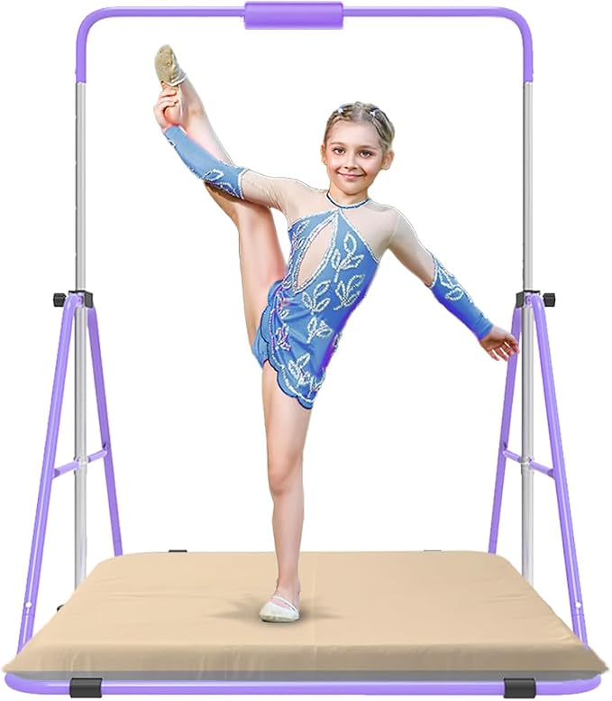 Gymnastics Bar with Self-Inflating Mat for Kids, Adjustable Height Gymnastic Horizontal Bars with Mat, Folding Gymnastic Training Monkey Bars, Junior Expandable Training Kip Bar for Home