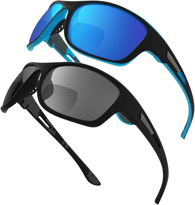 Mens Bifocal Sunglasses with Readers Built in, Wrap Around Bifocal Readers Sunglasses Reading Sun Glasses, Blue/Black