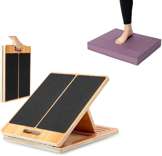 StrongTek Balance & Stretch Kit – Foam Pad + Adjustable Wooden Slant Board for Rehab & Mobility