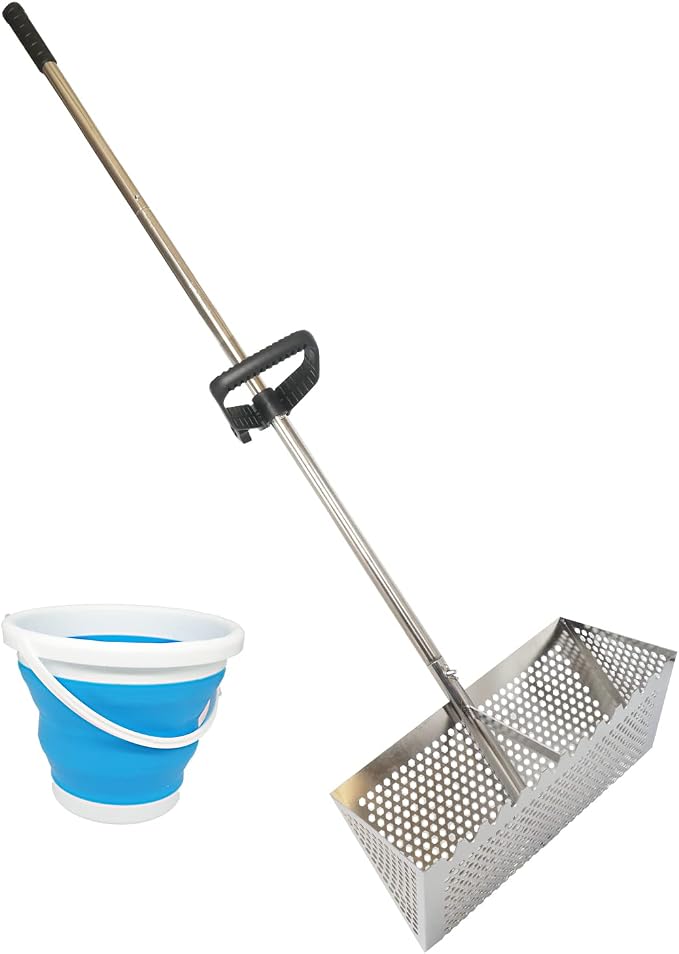 Sand Fleas Rake, 304 Stainless Steel Sand Sifter, Collapsible Shark Tooth Sifter for Beach,Rust-Proof Sand Crab Catcher with Foldable Pail .